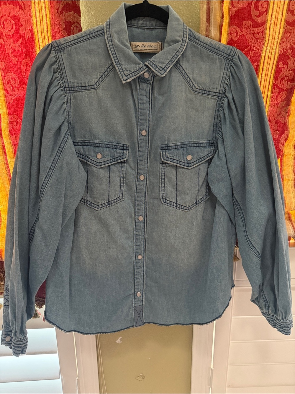 We The Free Light Blue Denim Pearl Snap Shirt